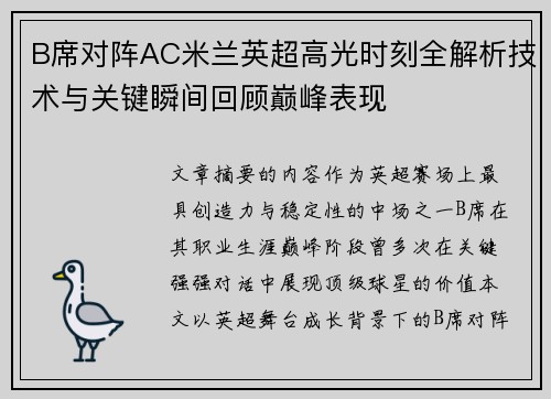 B席对阵AC米兰英超高光时刻全解析技术与关键瞬间回顾巅峰表现